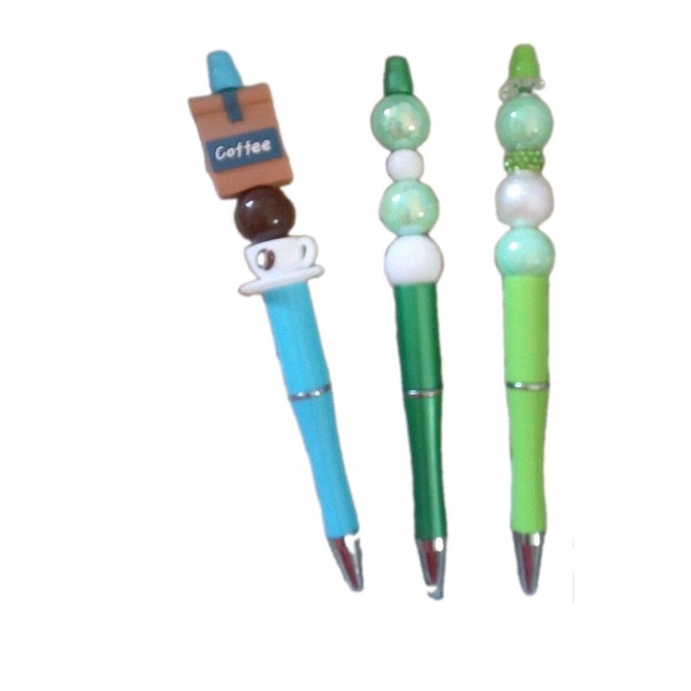Set Of Three Beaded Pens New Great Gift Stockng Stuffer Coffee Blue Green Color